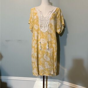 Koy Resort Yellow Floral Tunic Dress with White Crochet V-Neck Cover-up